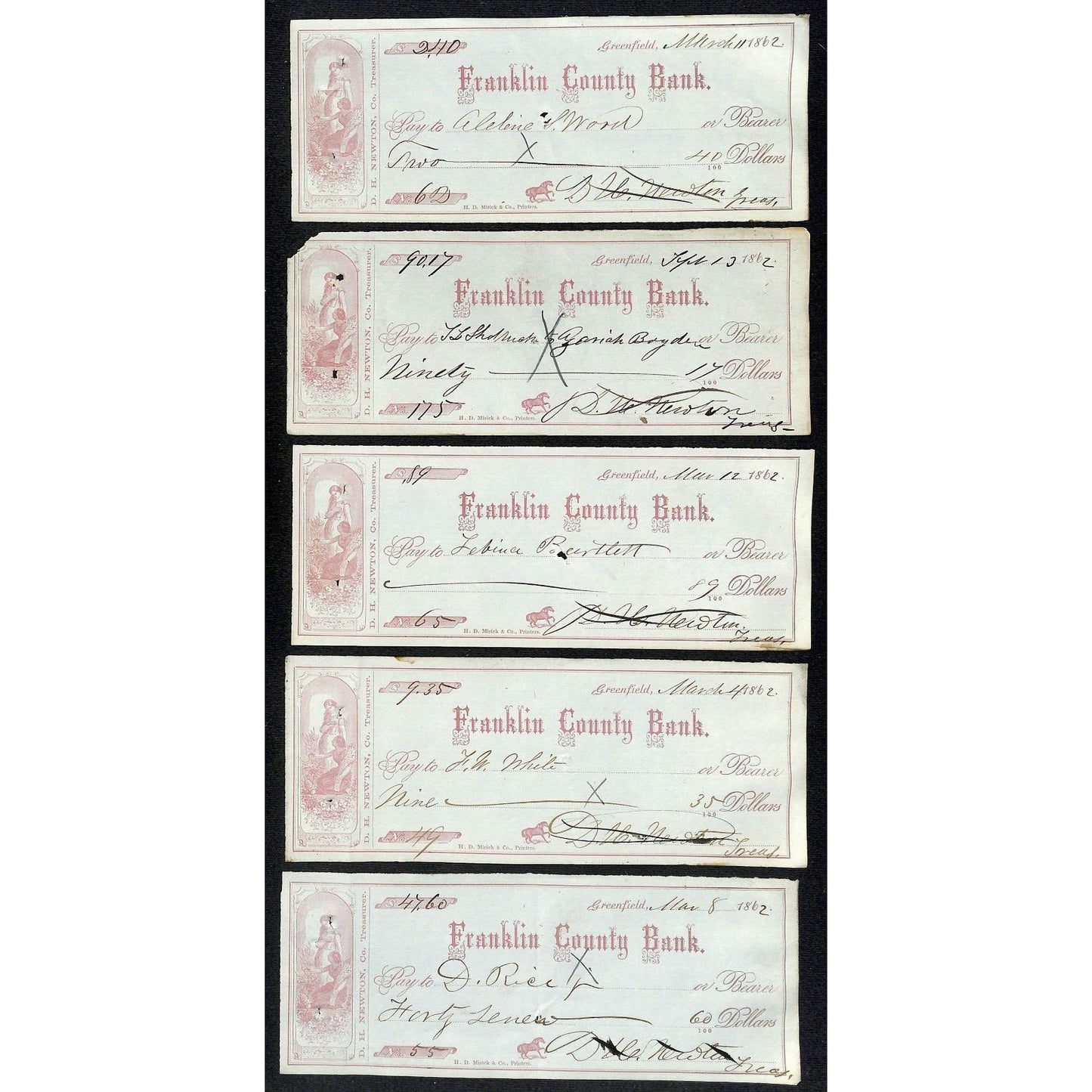 Franklin County Bank Greenfield, MA 1862 Group of 10 Bank Checks D.H. Newton