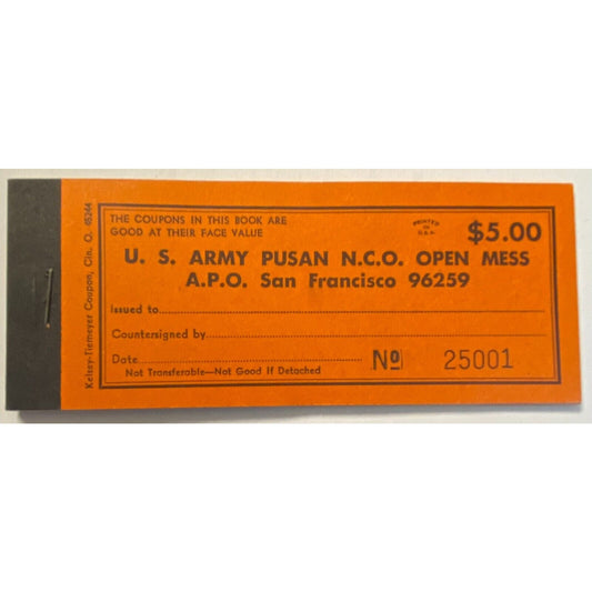 Korea U.S. Army Pusan NCO Open Mess Partial $5.00 Coupon Booklet #25001 VGC