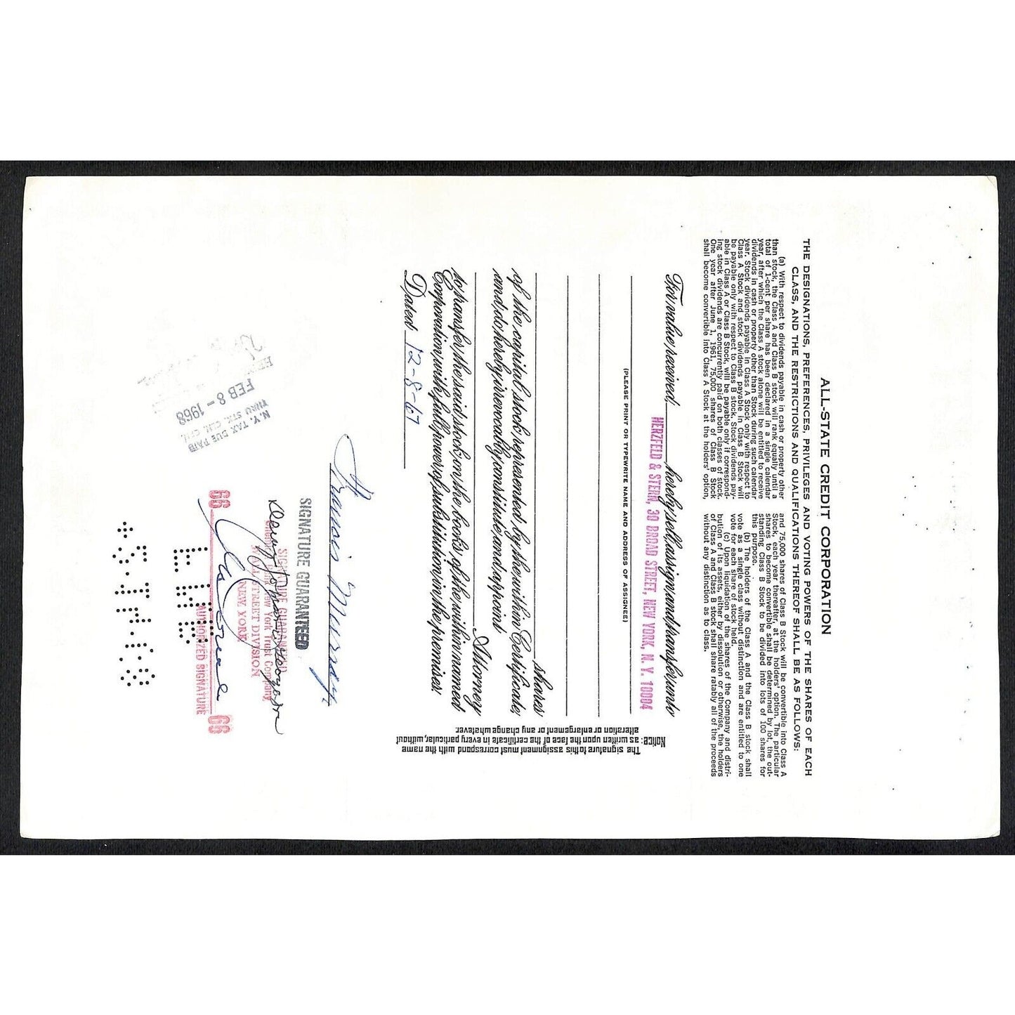 All State Credit Corporation NY 1963 Stock Certificate Francis Murray