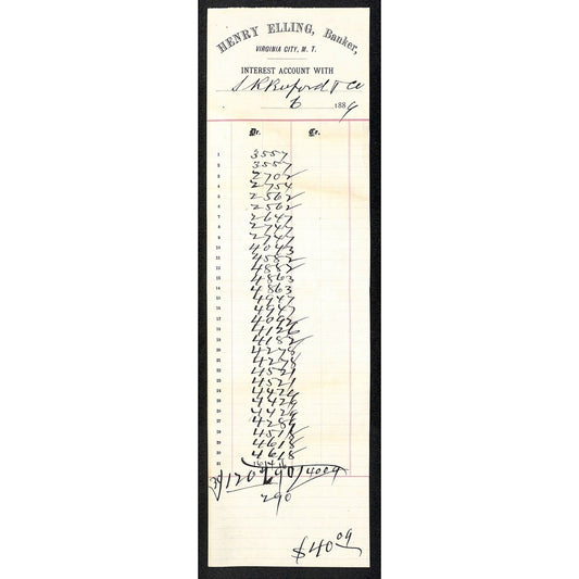 1889 Henry Elling Virginia City Montana Territory Monthly "Interest Account" (#4