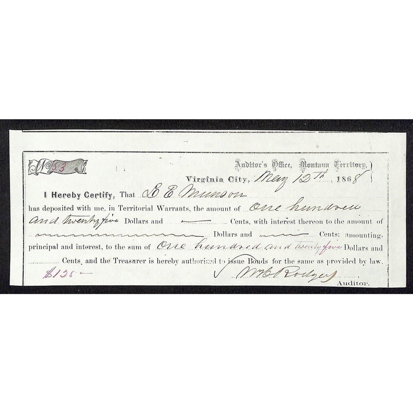 1868 Virginia City, MT Territorial Warrant Deposit Receipt L.E. Munson