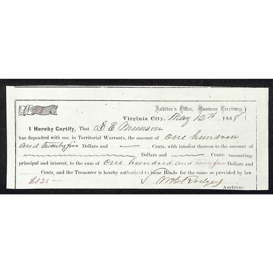 1868 Virginia City, MT Territorial Warrant Deposit Receipt L.E. Munson