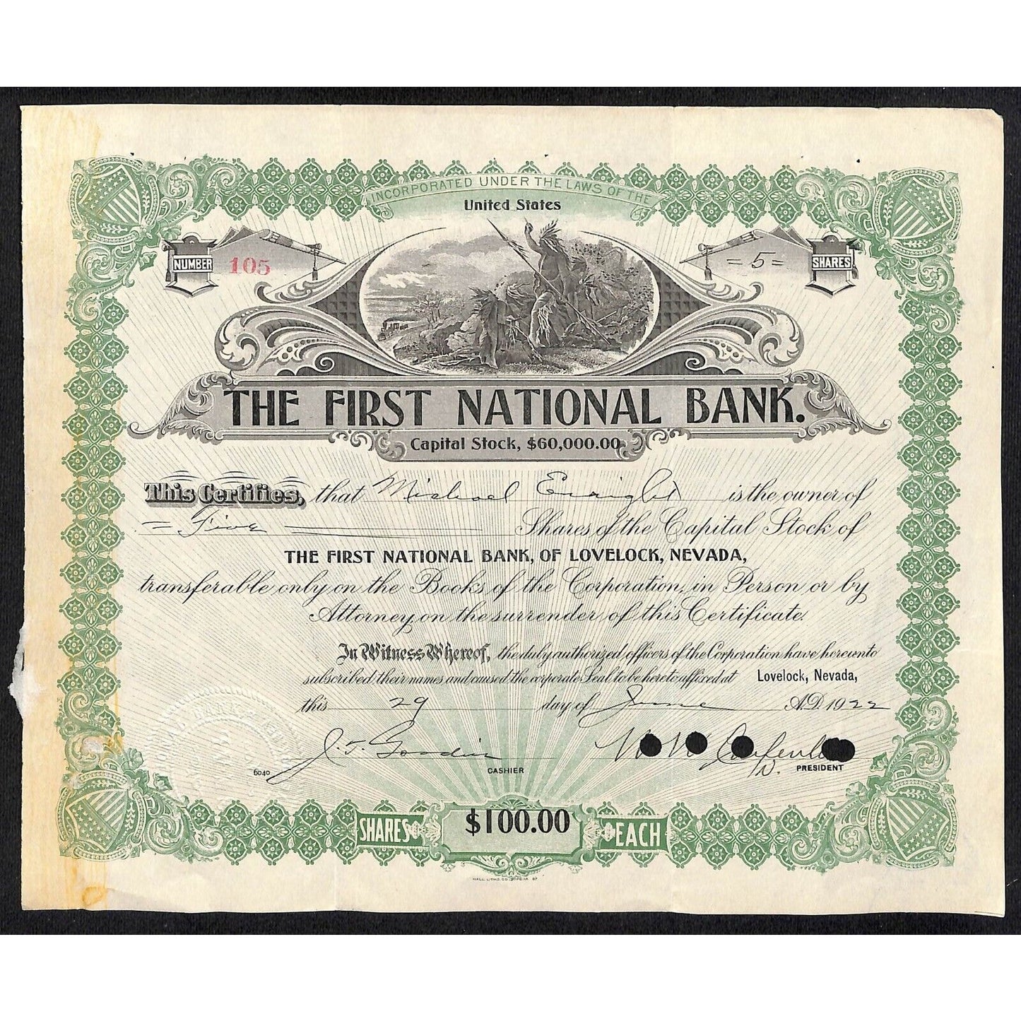First National Bank of Lovelock, NV 1922 Stock Certificate to Michael Enright *
