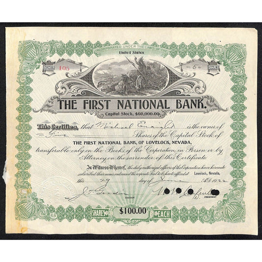 First National Bank of Lovelock, NV 1922 Stock Certificate to Michael Enright *