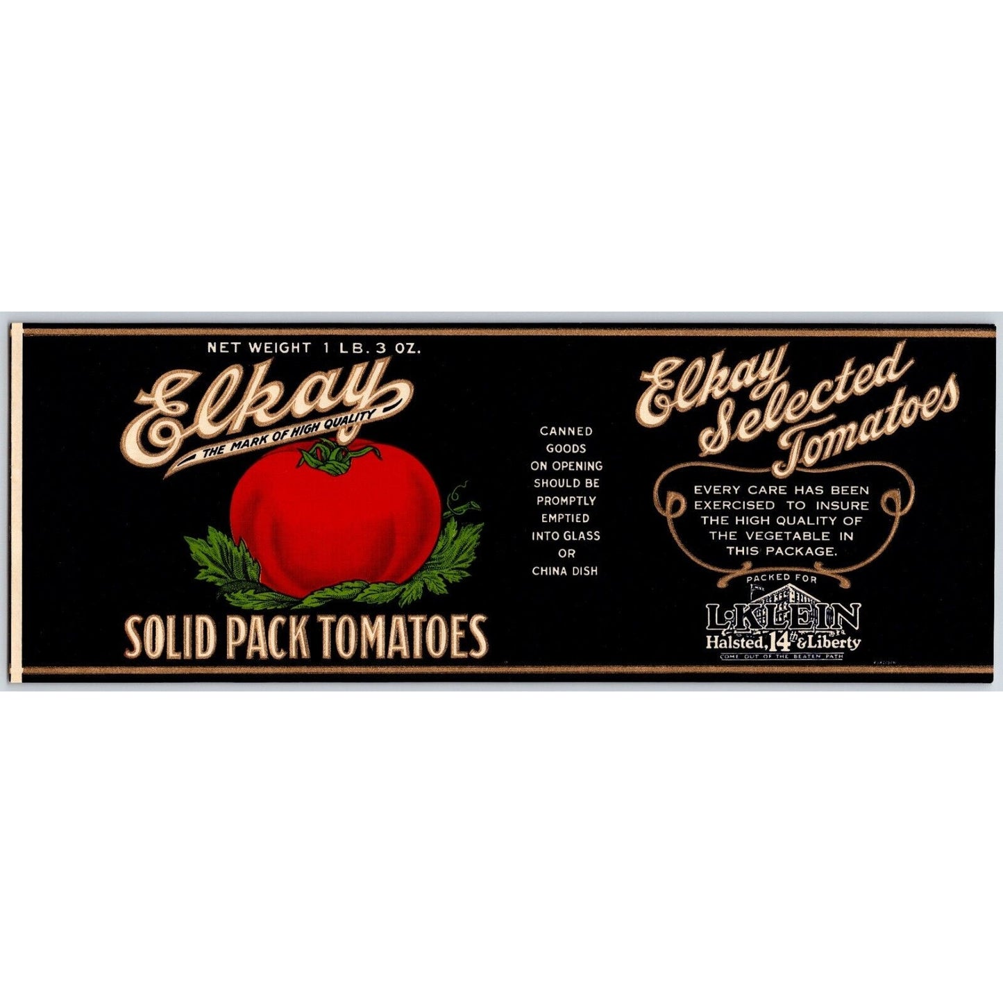 Solid Pack Tomatoes Elkay Chicago Paper Can Label c1930's-40's NOS VGC