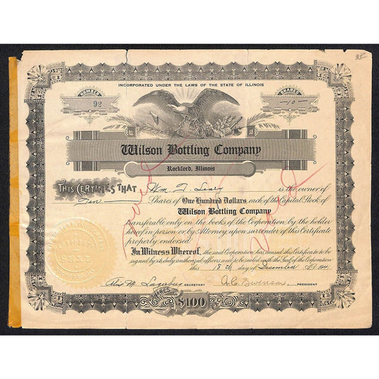 Wilson Bottling Co. Illinois 1941 Stock Certificate William T. Leary ? Scarce