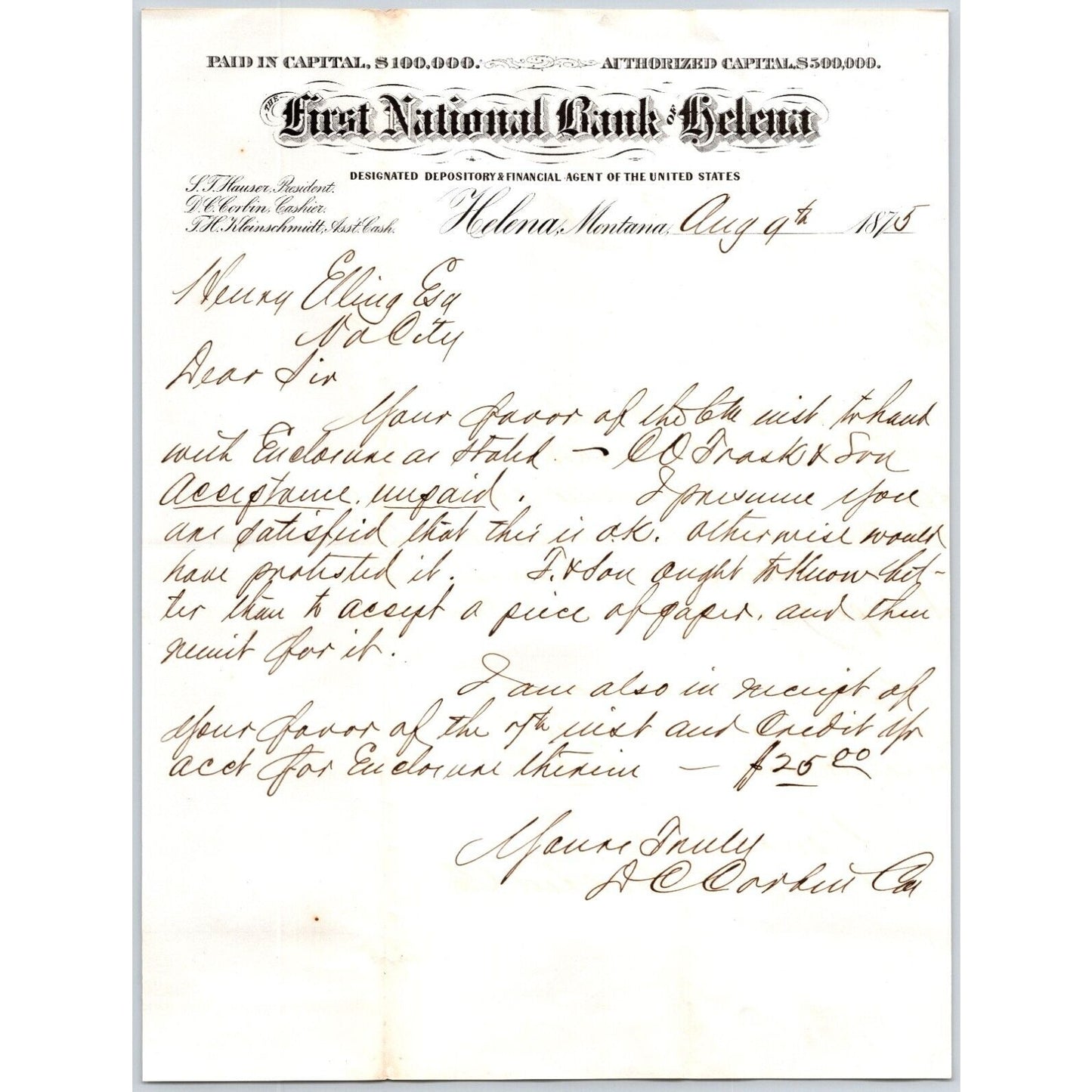 First National Bank of Helena, MT 1875 ALS Letterhead to Henry Elling*
