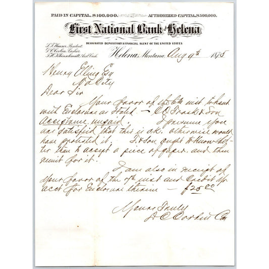 First National Bank of Helena, MT 1875 ALS Letterhead to Henry Elling*