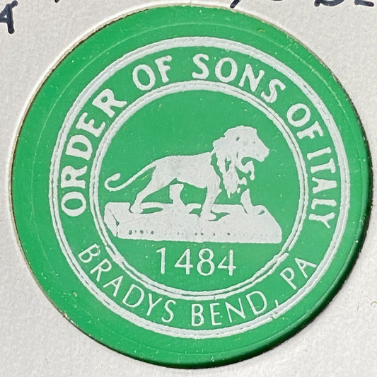 Bradys Bend, PA Order of Sons of Italy 1484 Plastic Drink Token G/F One Beer