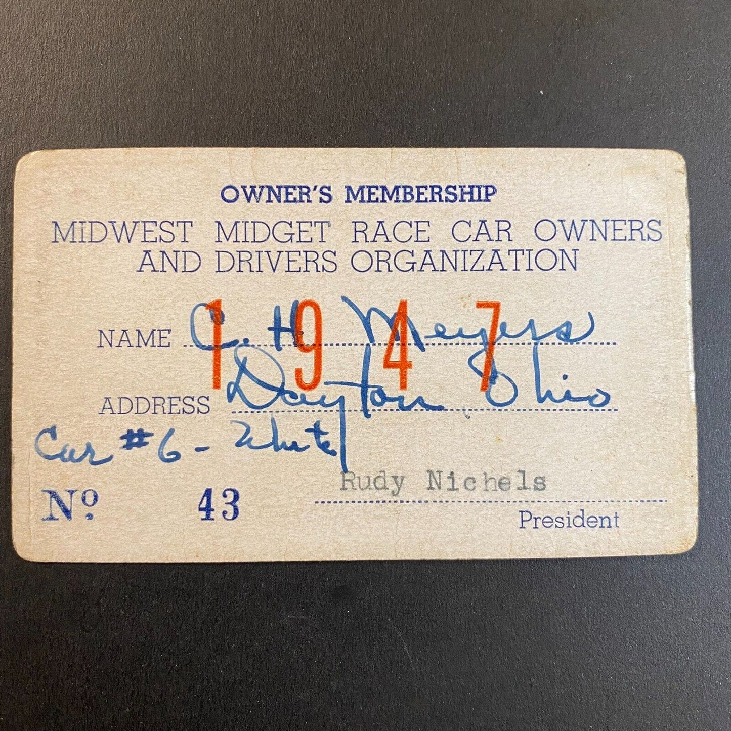 1947 Midwest Midget Race Car Owners Drivers Member Card "Charles Henry Meyer"