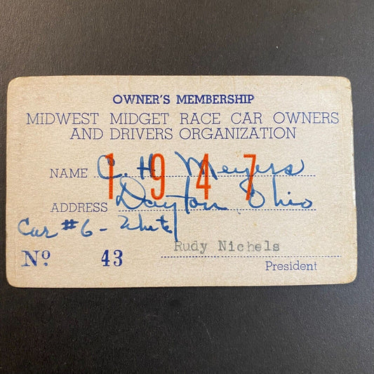 1947 Midwest Midget Race Car Owners Drivers Member Card "Charles Henry Meyer"