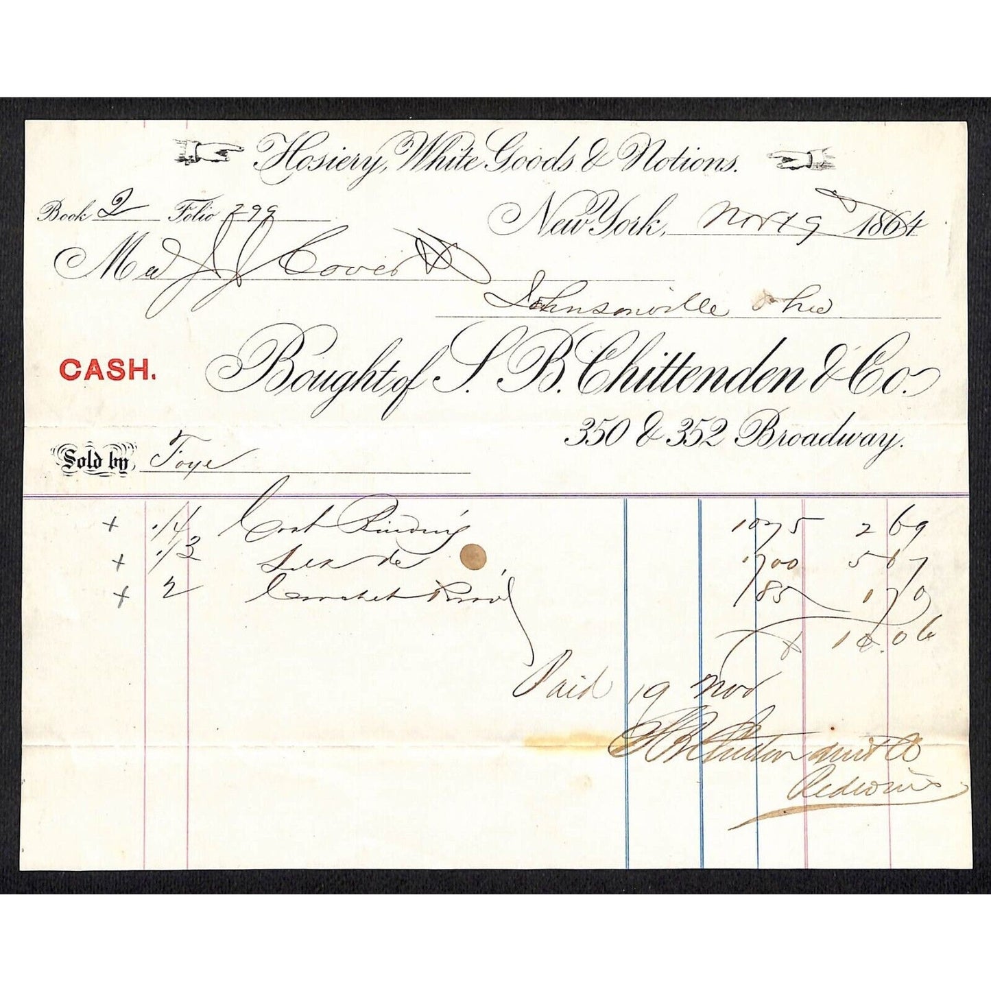 L.B. Chittenden & Co. Hosiery White Goods Broadway NYC 1864 J.J. Cover* Billhead