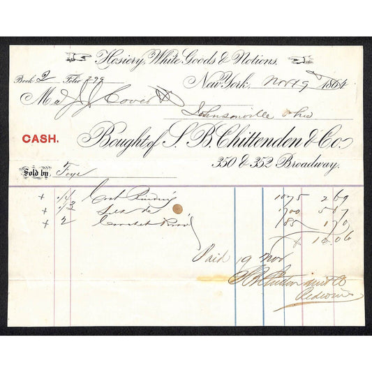 L.B. Chittenden & Co. Hosiery White Goods Broadway NYC 1864 J.J. Cover* Billhead