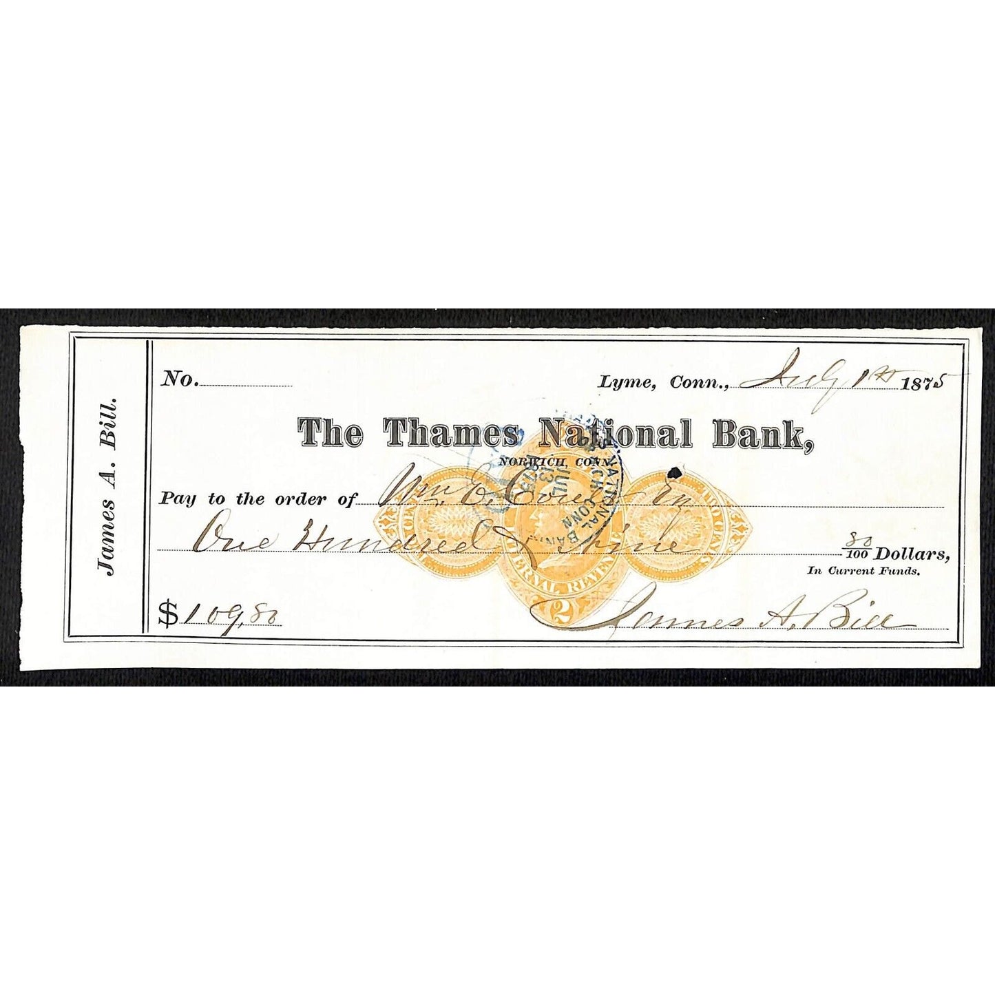 James A. Bill* 1875 Thames National Bank Lyme CT on Rev Stamp Check Stock (#8)