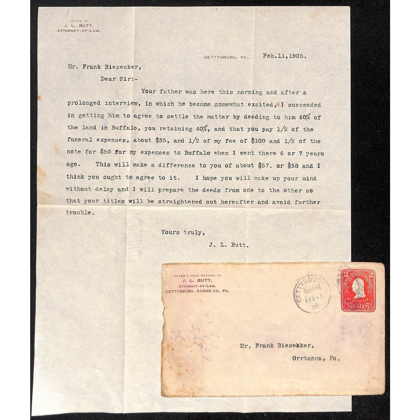 1905 J.L. Butt Attorney Gettysburg, PA Letterhead + Cover Negotiating w/ Father