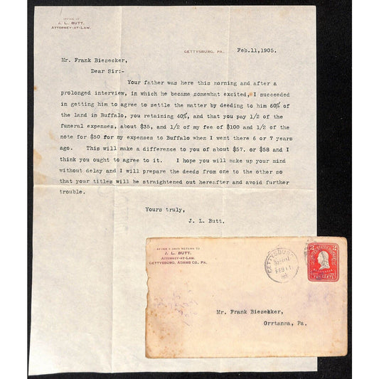 1905 J.L. Butt Attorney Gettysburg, PA Letterhead + Cover Negotiating w/ Father