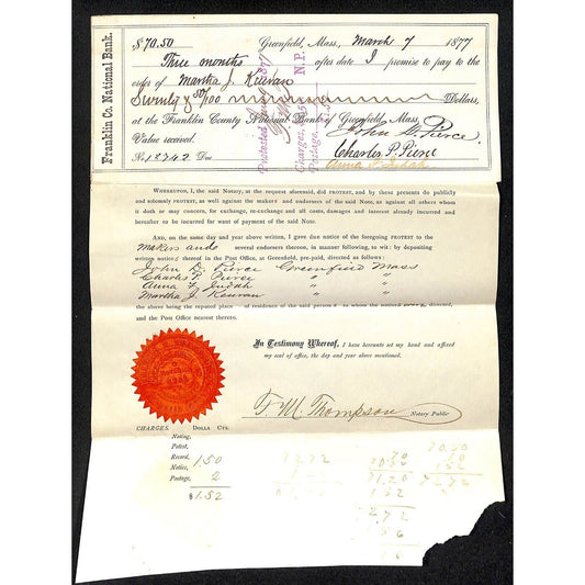 1877 Franklin Co. National Bank Greenfield, MA Promissory Note + Notarized Page