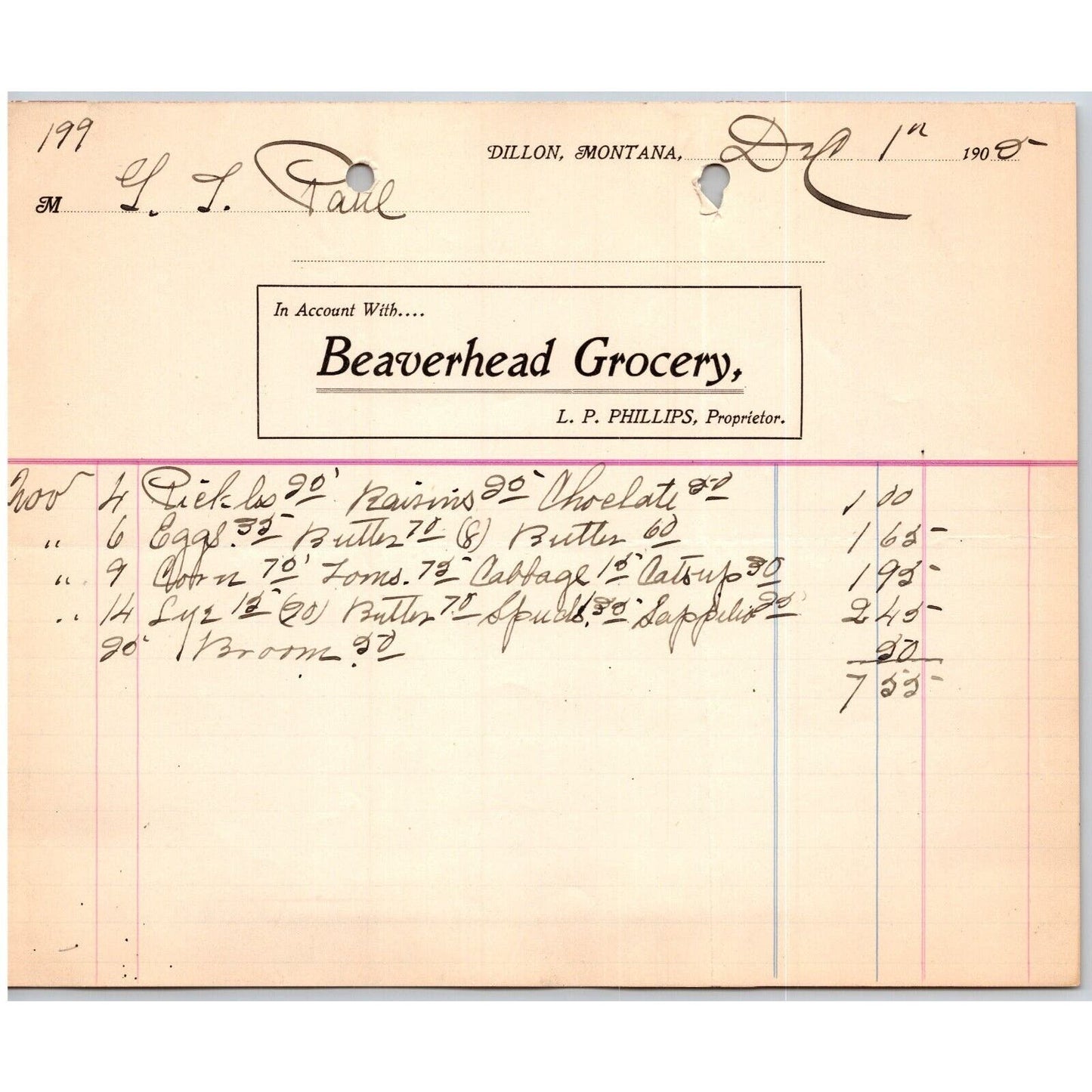 Dillon, MT Beaverhead Grocery L.P. Phillips Dec. 1905 Billhead G.T. Paul*