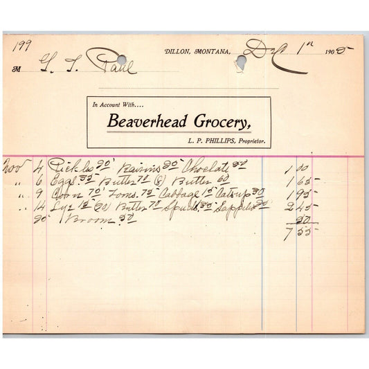 Dillon, MT Beaverhead Grocery L.P. Phillips Dec. 1905 Billhead G.T. Paul*