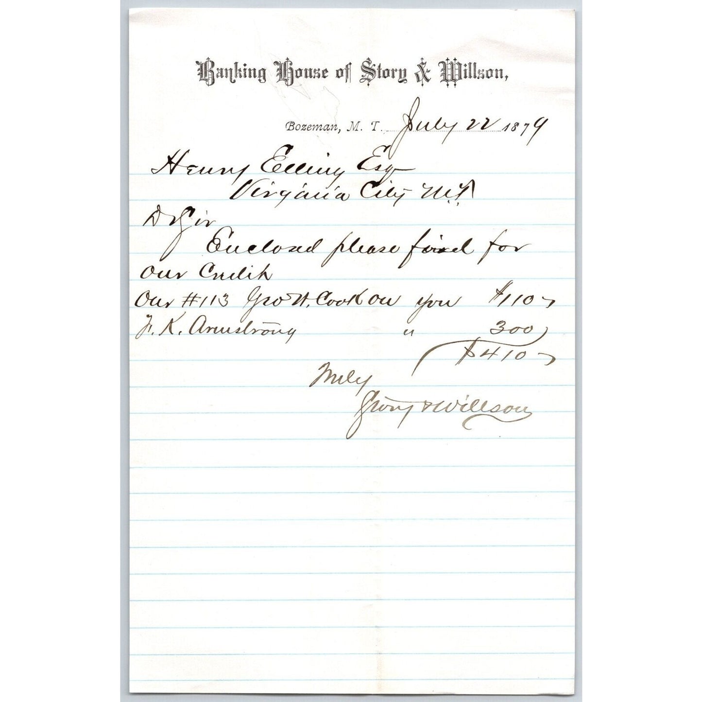 Banking House of Story & Nelson Bozeman, MT 7/22 1879 Letterhead Henry Elling*