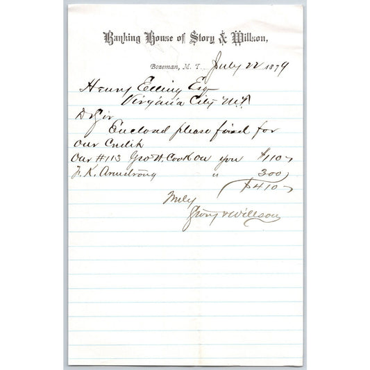 Banking House of Story & Nelson Bozeman, MT 7/22 1879 Letterhead Henry Elling*