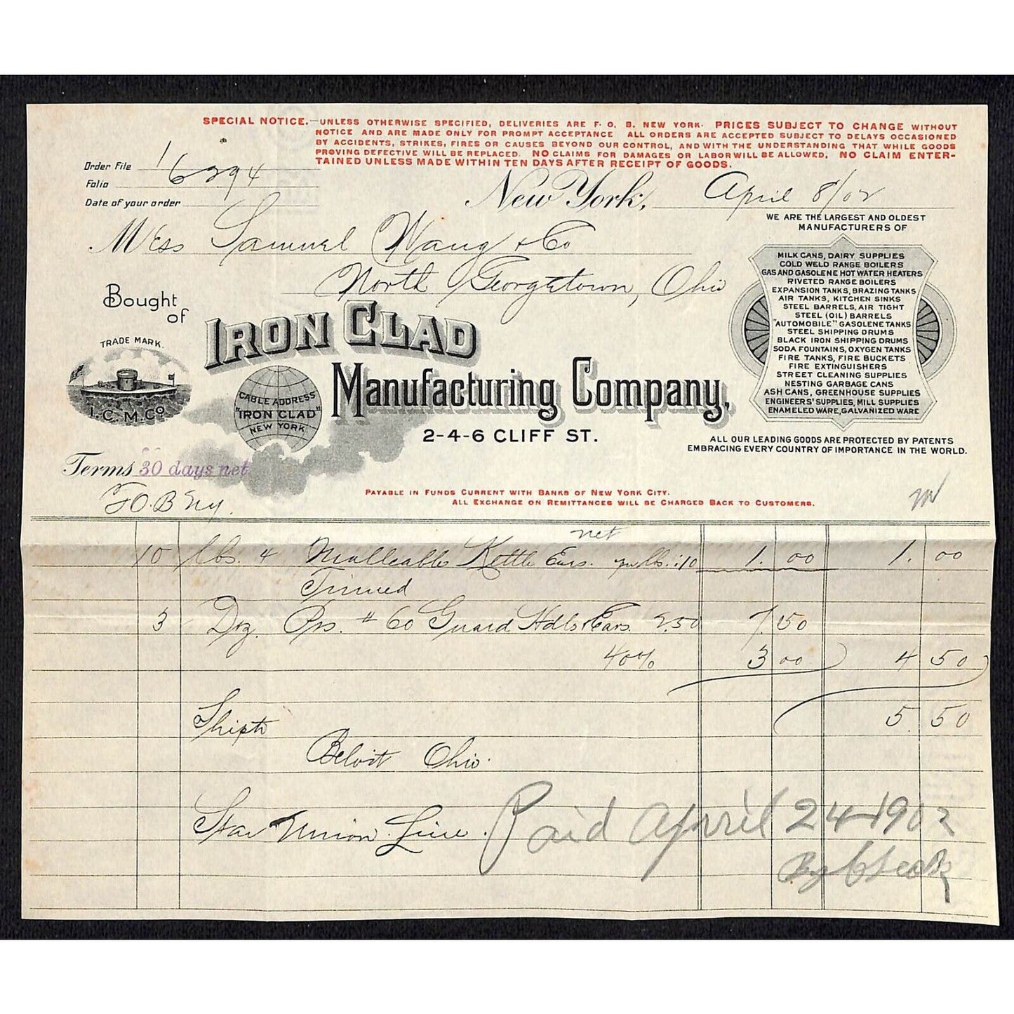 Iron Clad Mfg. Co. Cliff St. NYC 1902 Billhead Samuel Wang* N. Georgetown, OH