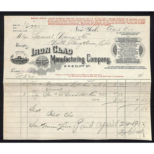 Iron Clad Mfg. Co. Cliff St. NYC 1902 Billhead Samuel Wang* N. Georgetown, OH