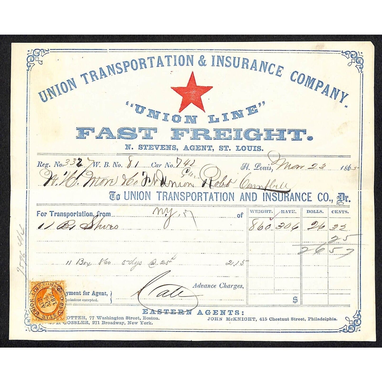 Union Transportation & Ins. Co. PRR "Union Line" Fast Freight 1865 Waybill #81