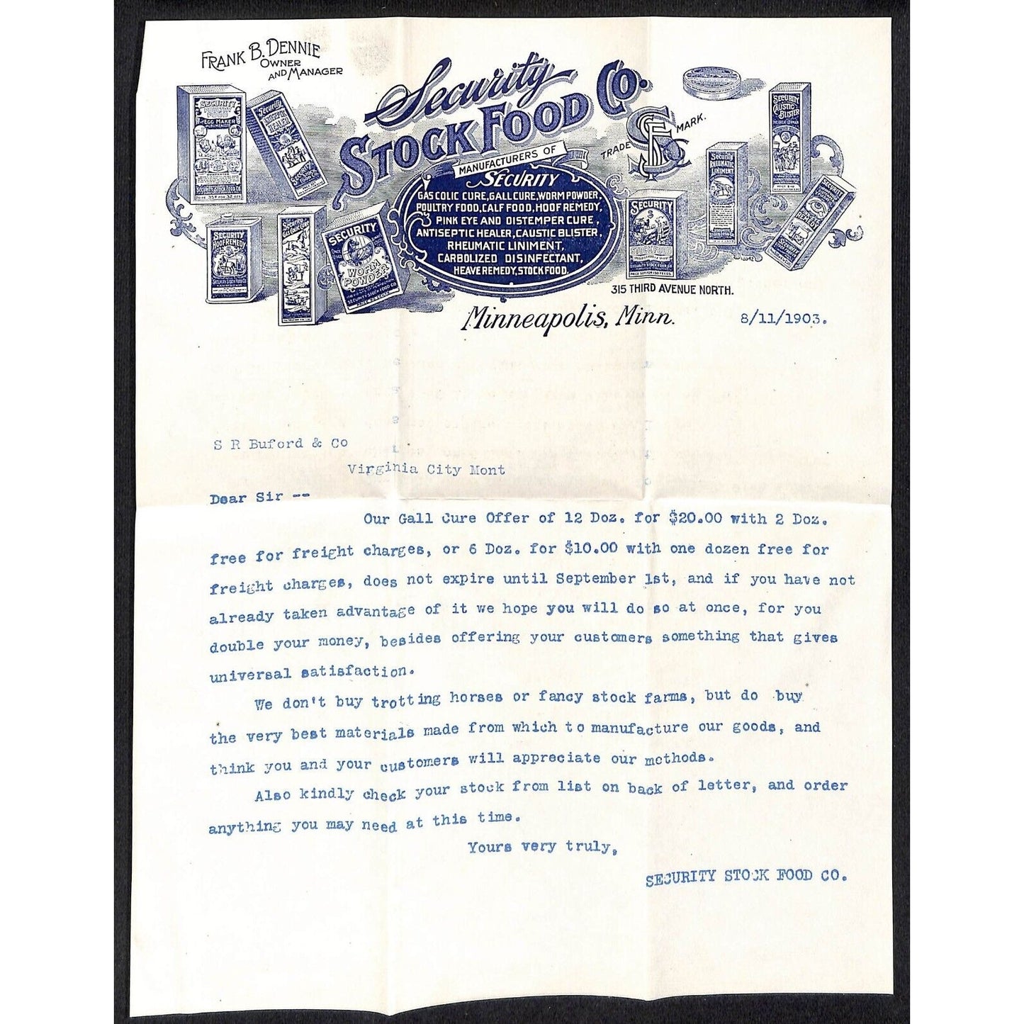 1908 "Security Stock Food Co" Minneapolis Letterhead w/ Prices & Cover Buford*