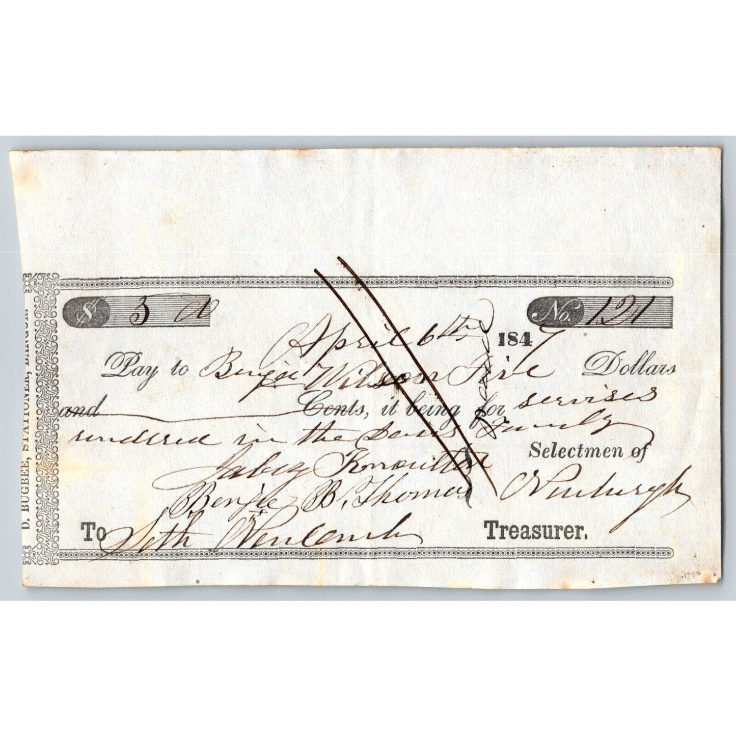 1847 Jabez Knowlton* Newburgh ME Check to Benjamin Wilson