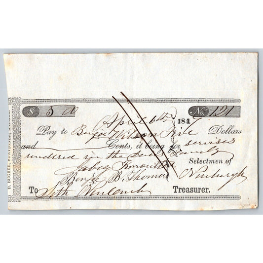 1847 Jabez Knowlton* Newburgh ME Check to Benjamin Wilson