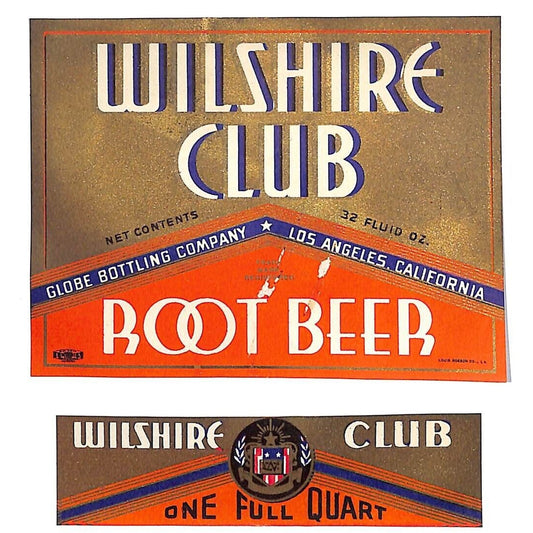 Wilshire Club Root Beer Globe Bottling LA, CA Bottle Label Set c1935-45