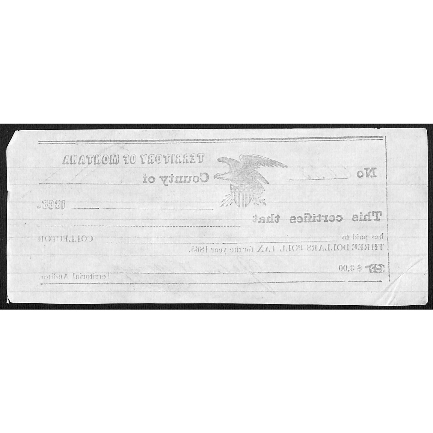1865 Territory of Montana $3 Poll Tax Receipt #6633 VGC Scarce