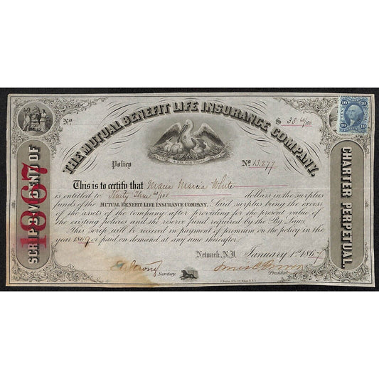 Mutual Benefit Life Insurance Co 1867 Dividend Certificate Maria Marcia White ?
