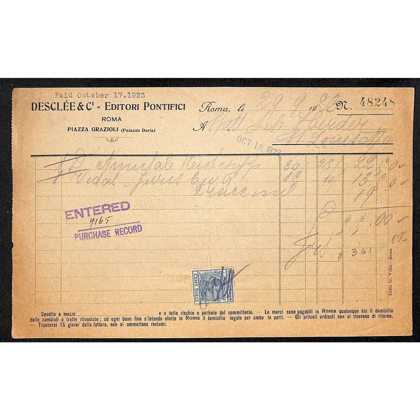 Desclée & Compagnie Rome Pontifical Publishers 9/29 1923 Billhead Tax Stamp