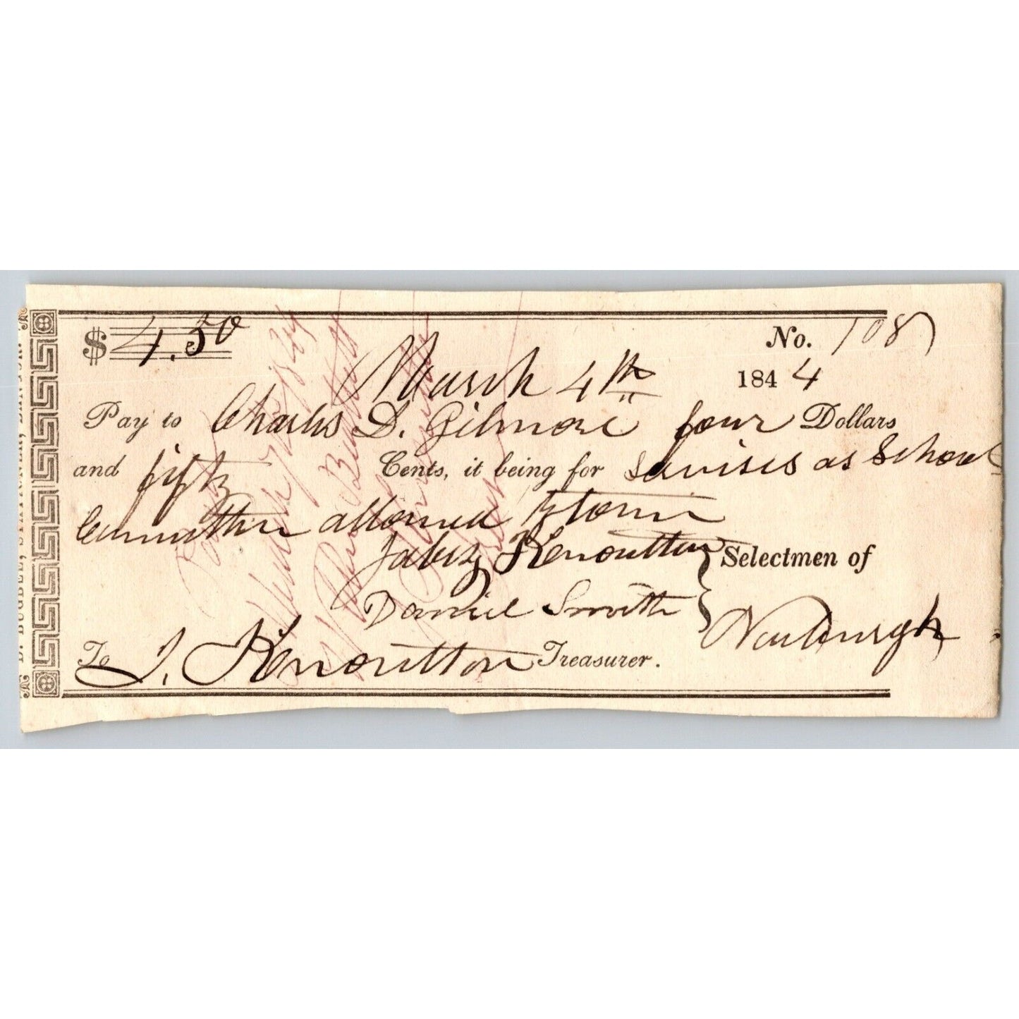 1844 Jabez Knowlton* Newburgh ME Town Check to Charles D. Gilmore