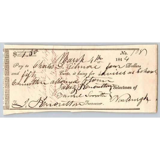 1844 Jabez Knowlton* Newburgh ME Town Check to Charles D. Gilmore
