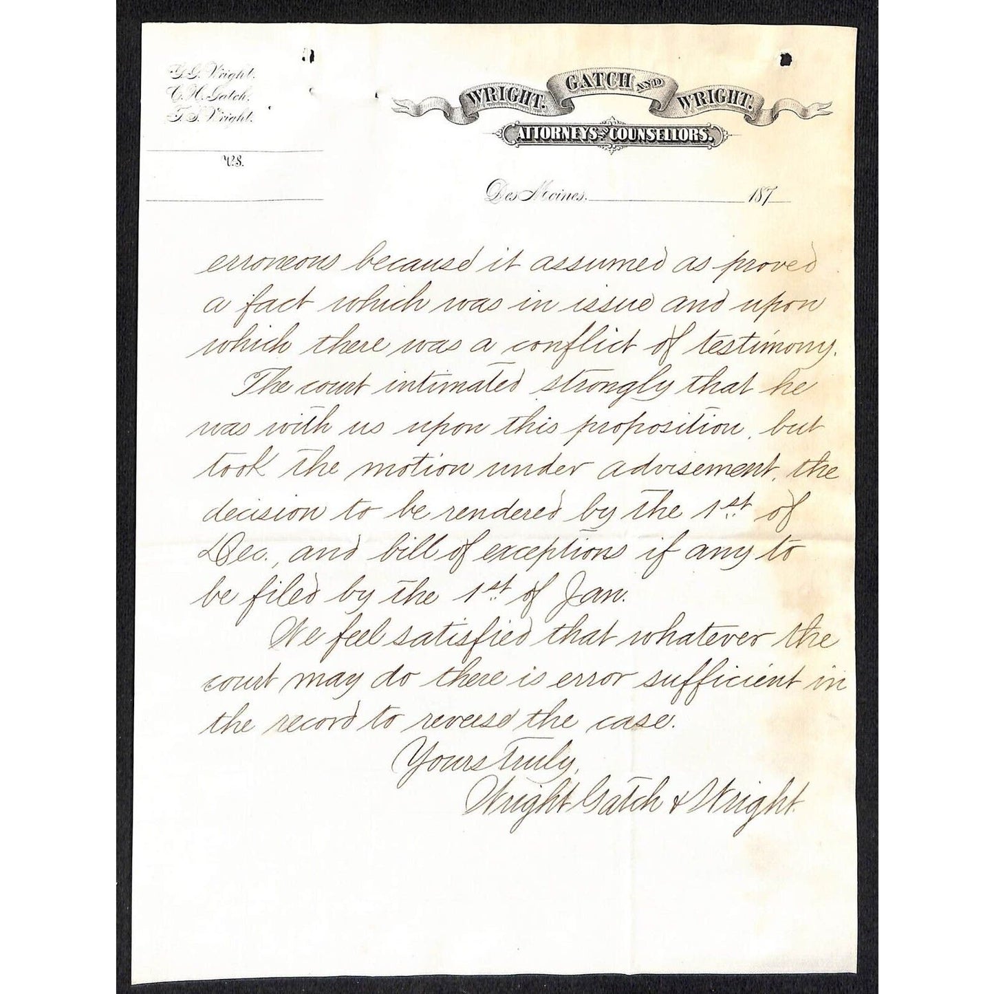 Wright, Gatch and Wright Des Moines Attorneys 1875 3pp Letterhead to CRI&P RR