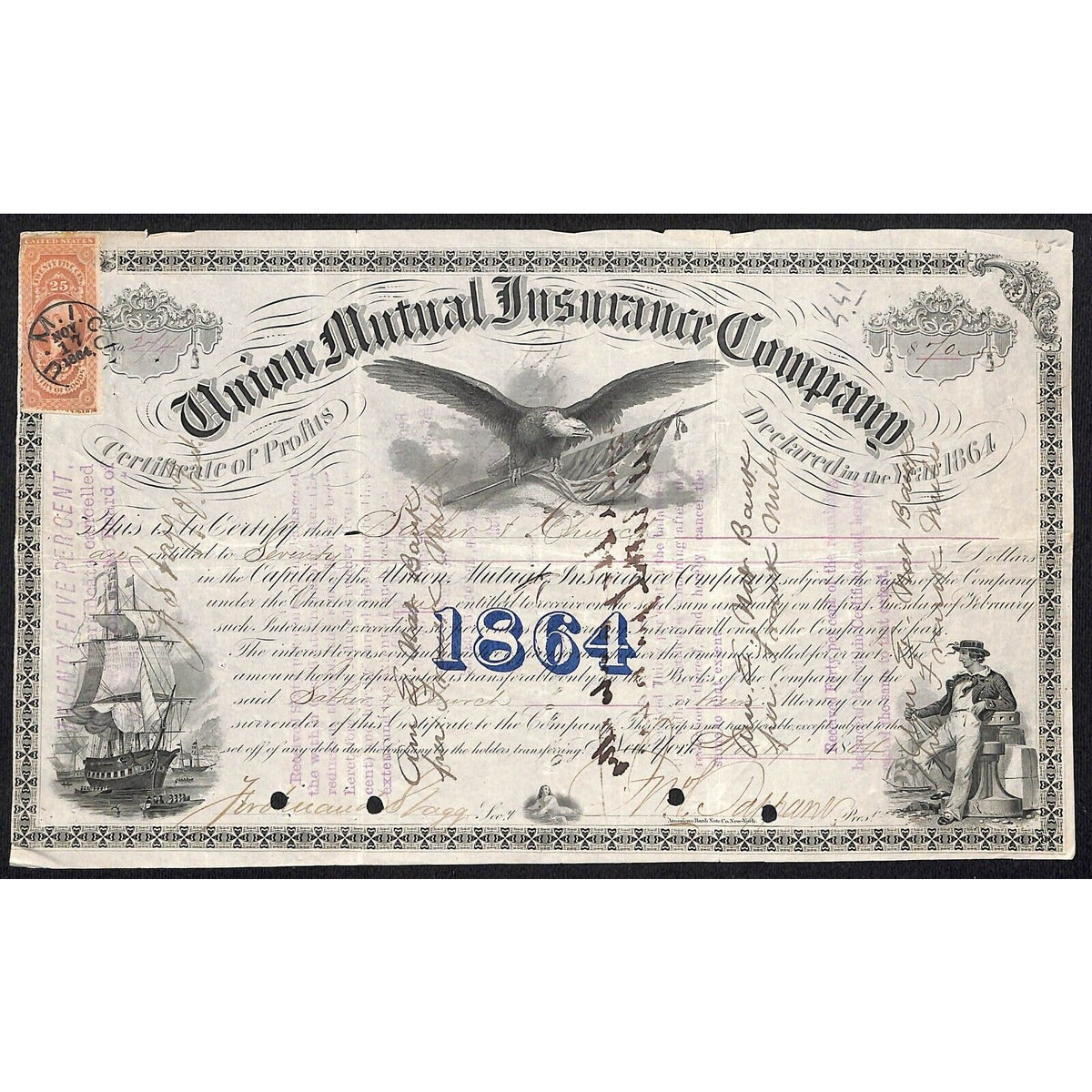 Union Mutual Insurance Co. NY 1864 Stock Certificate Sather & Church Tax Stamp