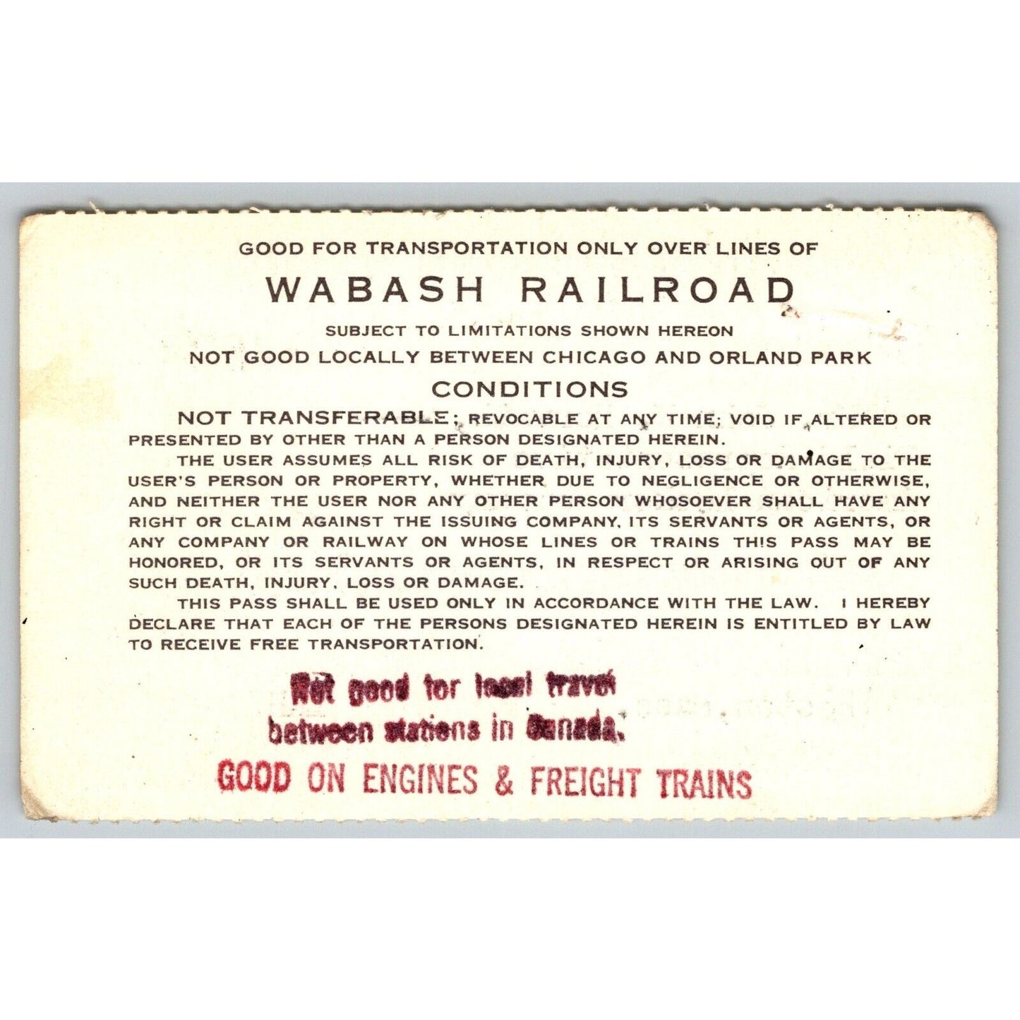 Wabash Railroad Company 1961-62-63 Yearly Train Pass #27633