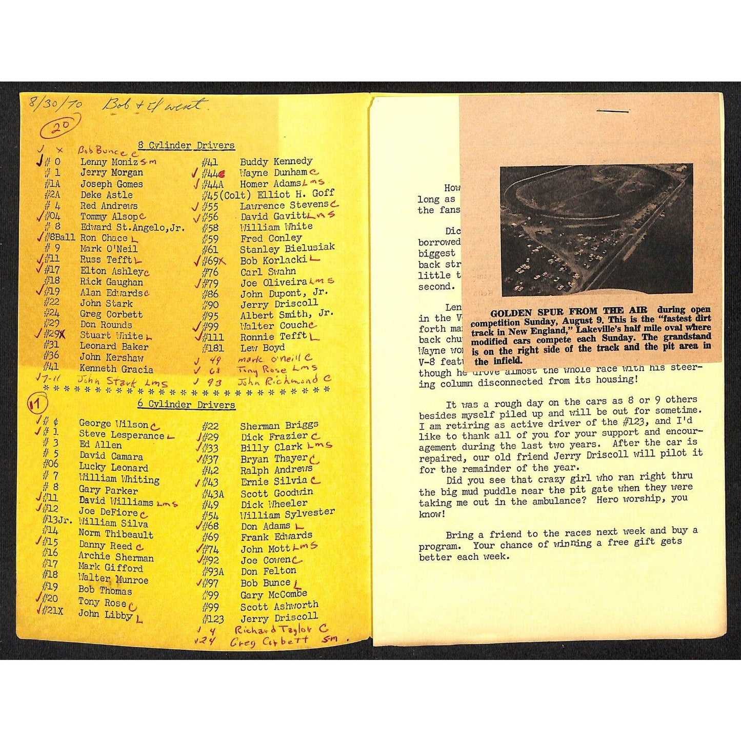 Golden Spur Speedway Lakeville, MA 8/30 1970 Auto Races Single Sheet Program