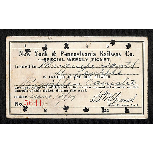 New York & Pennsylvania Ry 1914 Special Weekly Ticket Scarce #5641