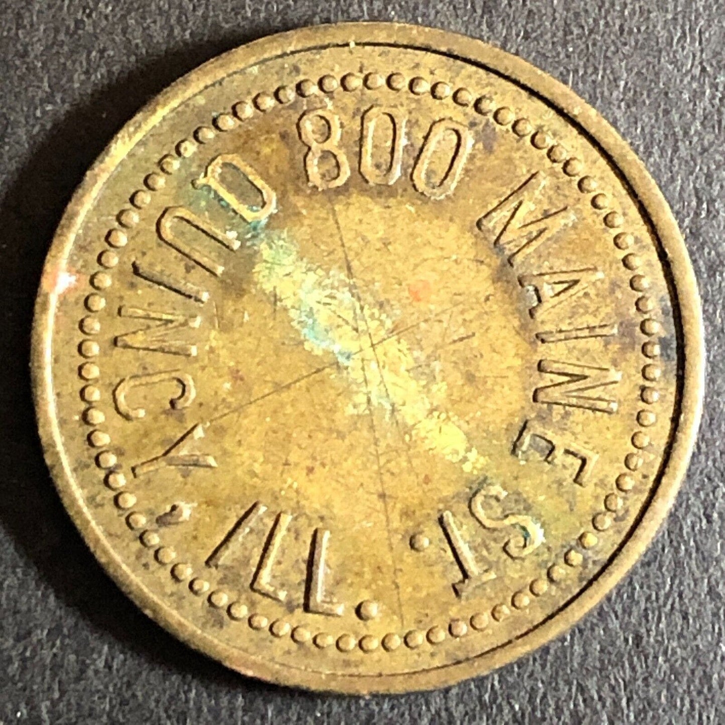 Bernbrock's Pharmacy Quincy, IL Brass "5" Trade Token 21mm Scarce c1905