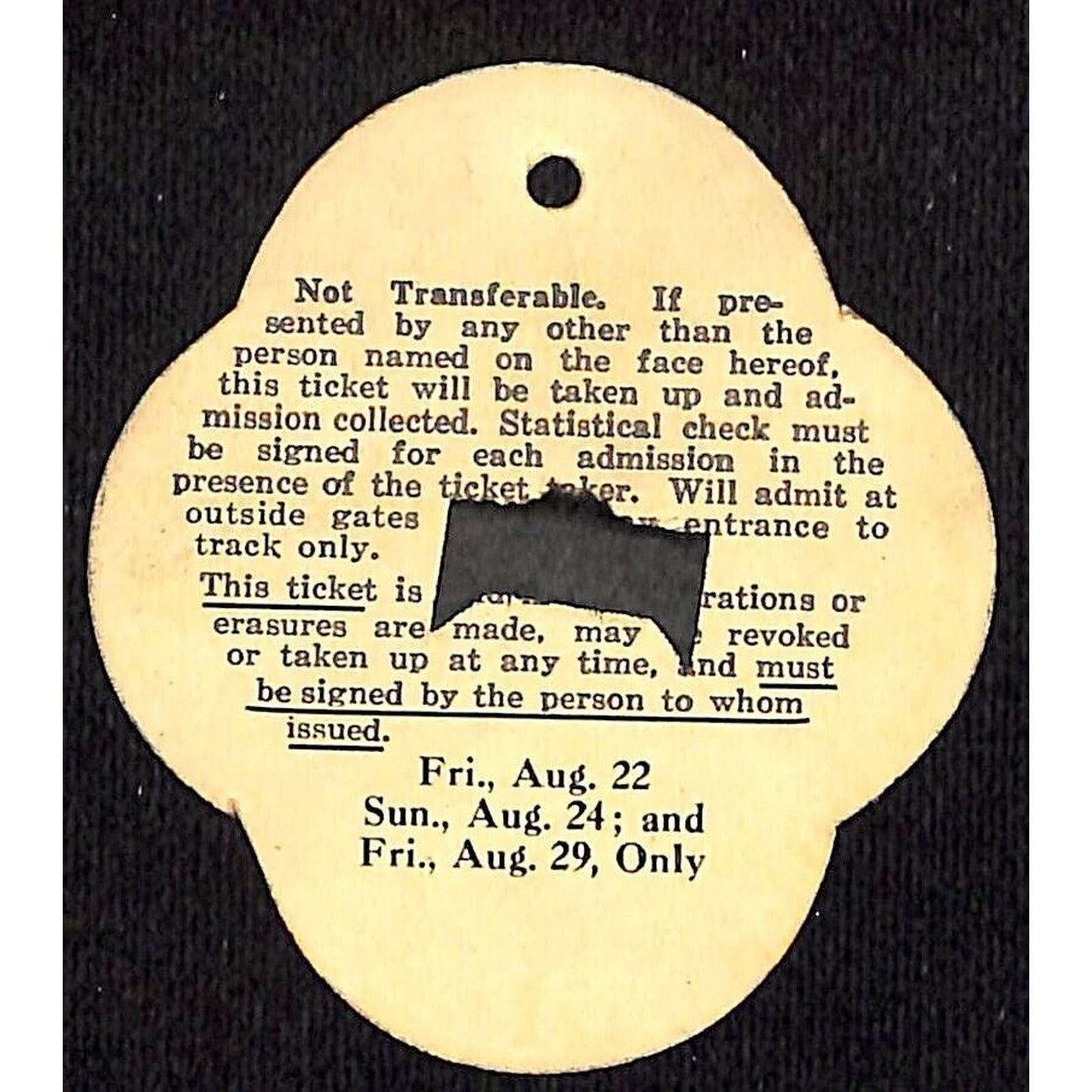 1941 Iowa State Fair Auto Race Driver or Mechanic Ticket / Pass #211 Scarce