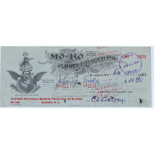John F. Bauer Co. Elmira, NY 1953 Bank Check Winged Globe Girl Coffee Vignette