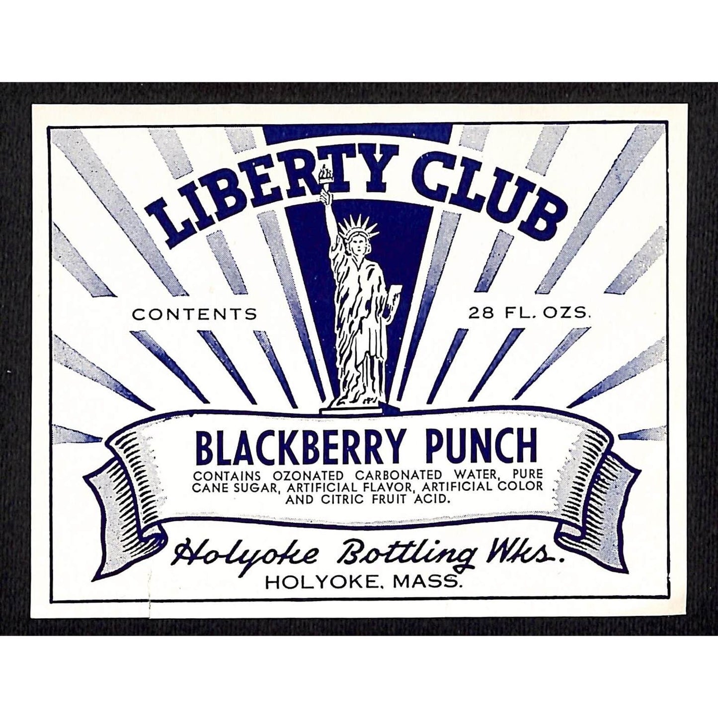 Liberty Club Blackberry Punch Paper Label Holyoke, MA c1940's Statue of Liberty