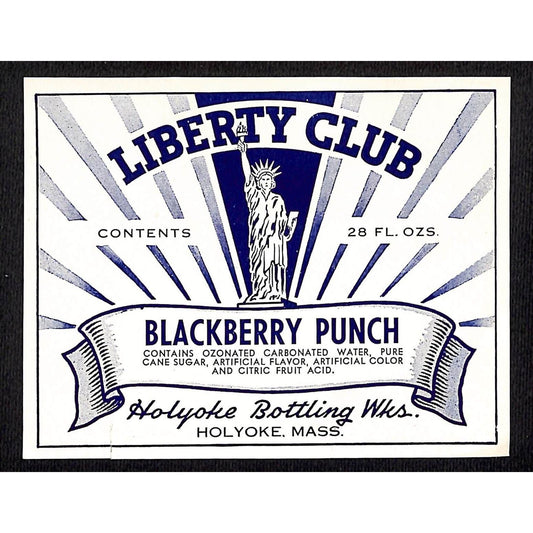 Liberty Club Blackberry Punch Paper Label Holyoke, MA c1940's Statue of Liberty