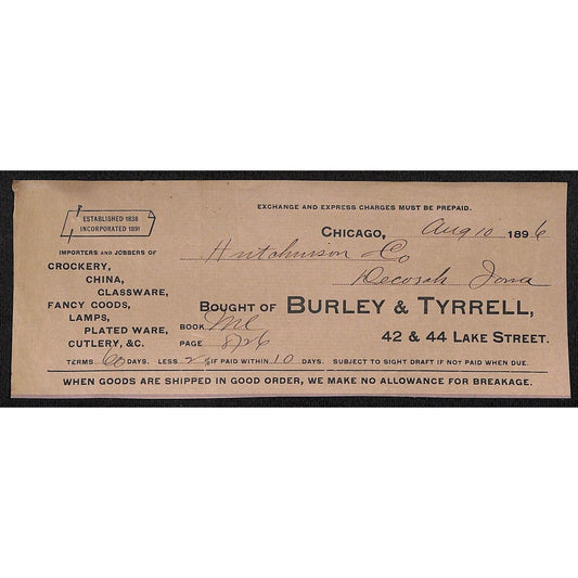 Burley & Tyrrell Crockery Chicago, IL Hutchinson Decorah IA* Cut 1896 Billhead