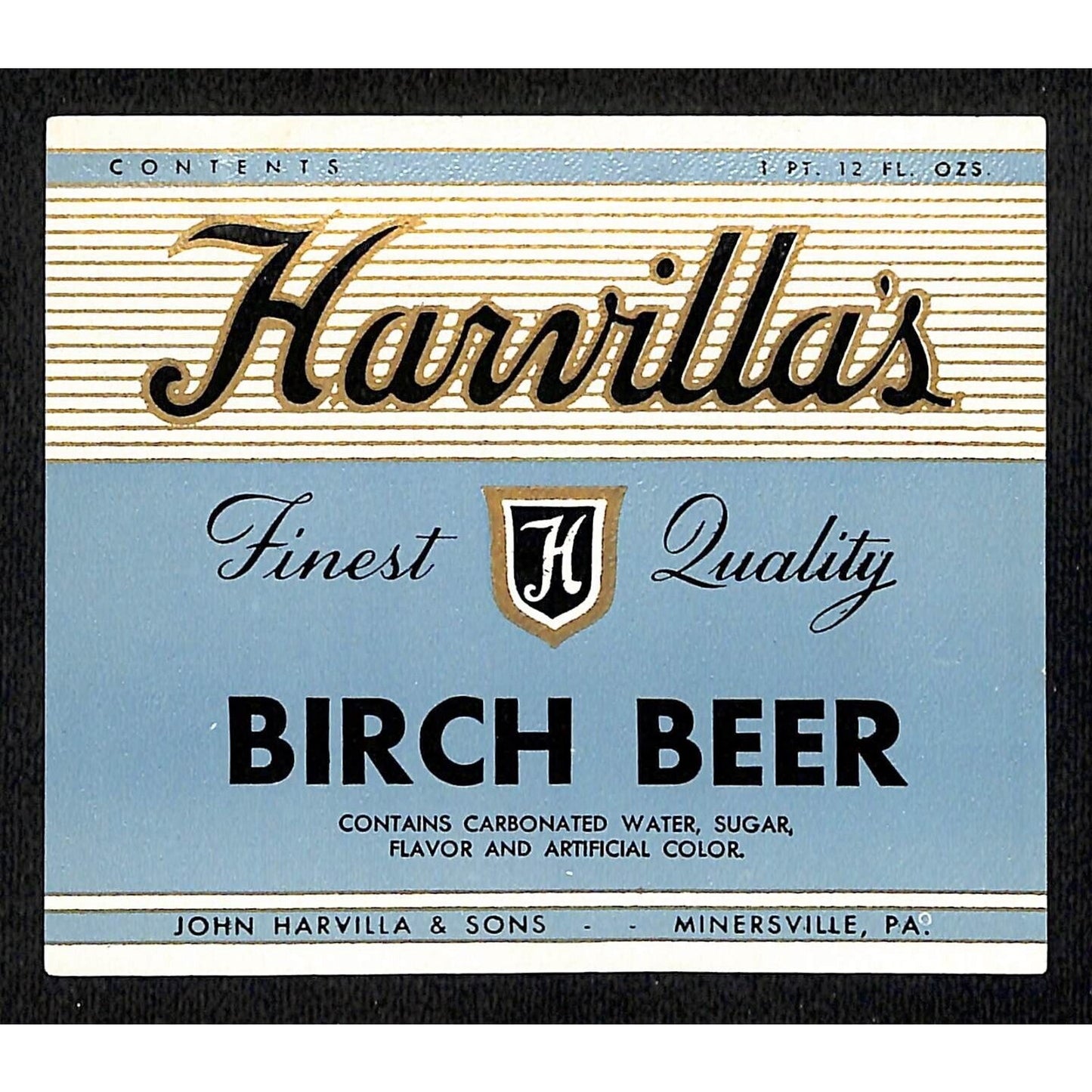 Harvilla's Birch Beer Soda Label John Harvilla & Sons Minersville, PA c1937