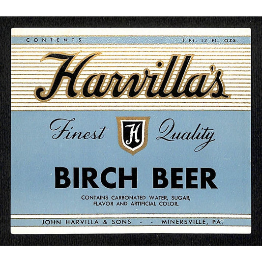 Harvilla's Birch Beer Soda Label John Harvilla & Sons Minersville, PA c1937